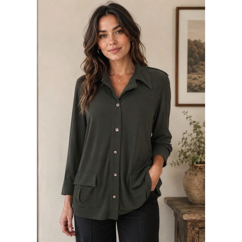 SYMPLI Jacket Olive Green Stretch Slinky Button Tunic Top Pockets 14 Lagenlook